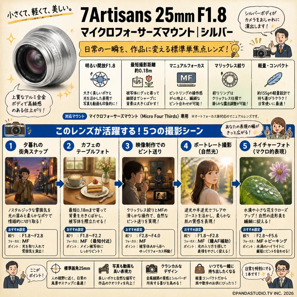 7Artisans 25mm F1.8 マイクロフォーサーズマウント シルバー 用途
