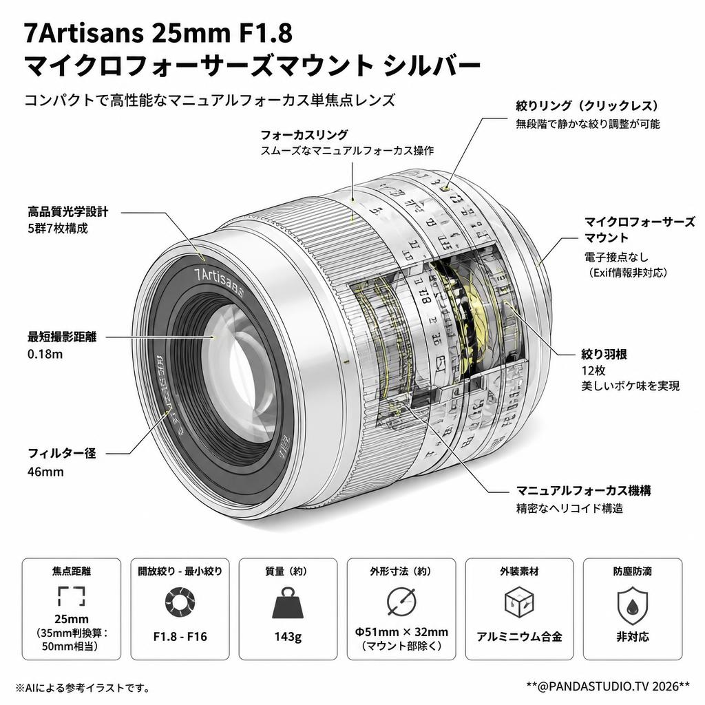 7Artisans 25mm F1.8 マイクロフォーサーズマウント シルバー スペック