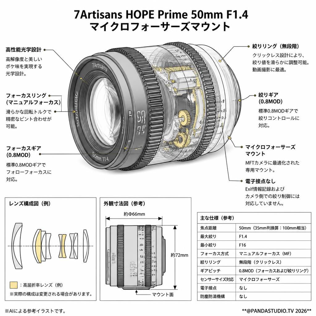 7Artisans HOPE Prime 50mm F1.4 マイクロフォーサーズマウント スペック