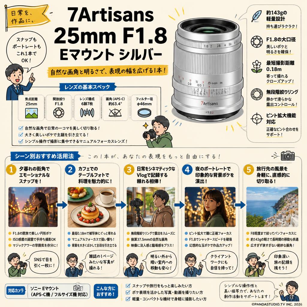 7Artisans 25mm F1.8 Eマウント シルバー 用途
