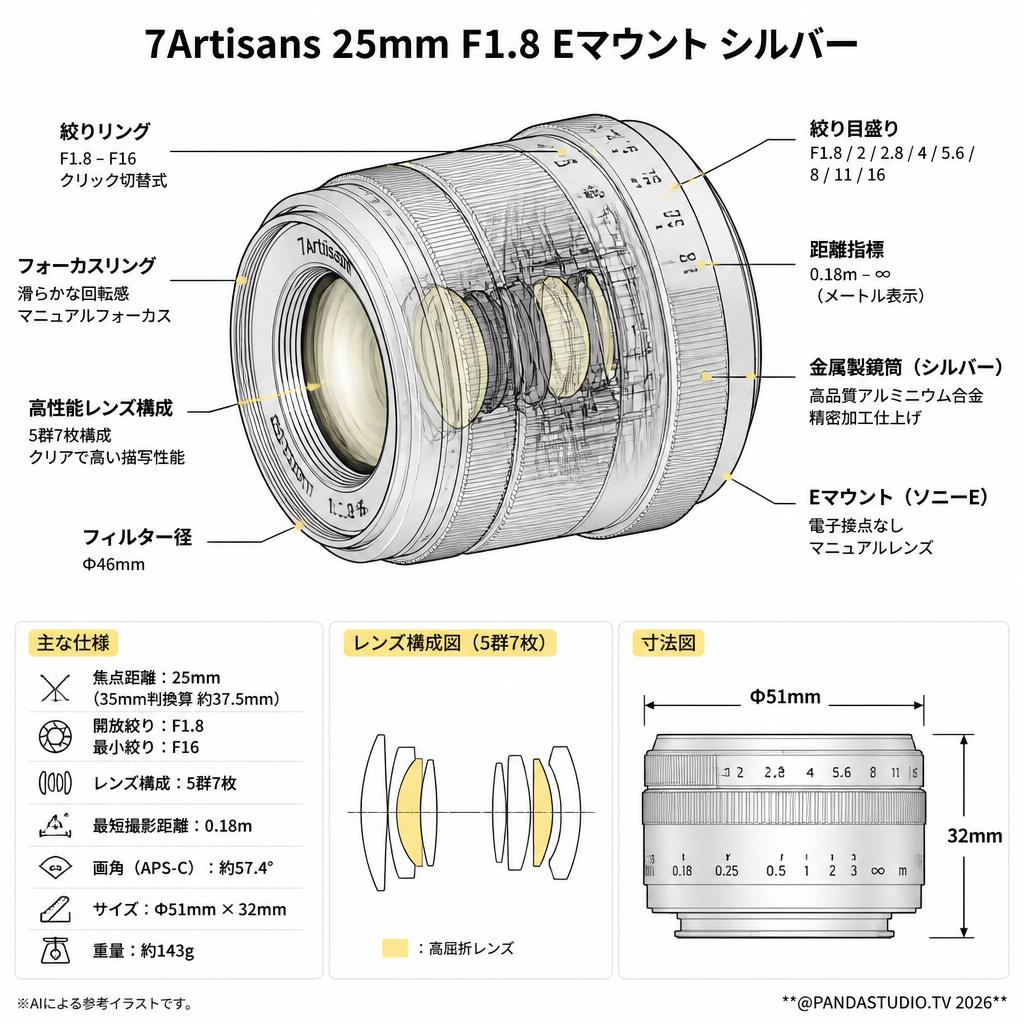 7Artisans 25mm F1.8 Eマウント シルバー スペック