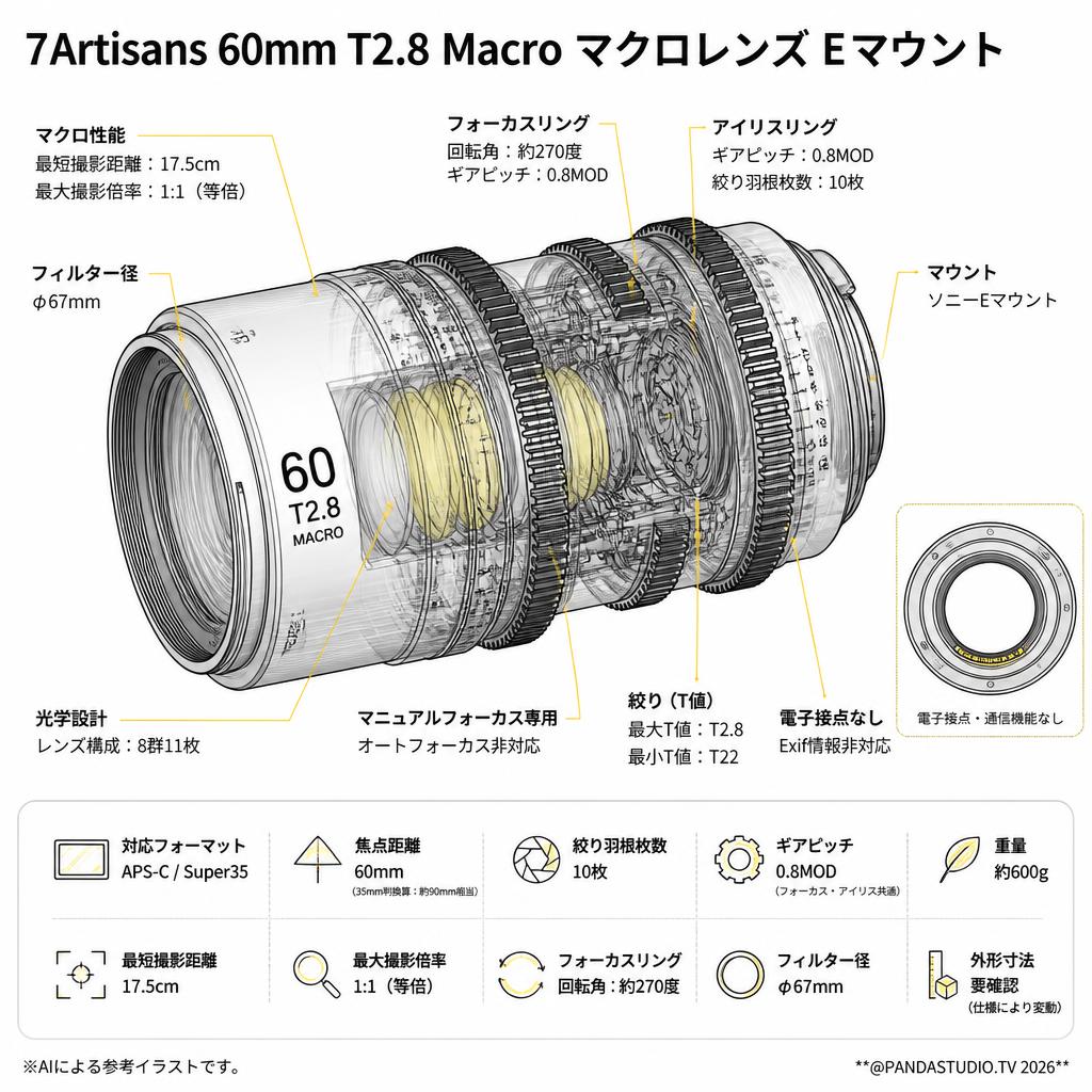 7Artisans 60mm T2.8 Macro マクロレンズ Eマウント スペック
