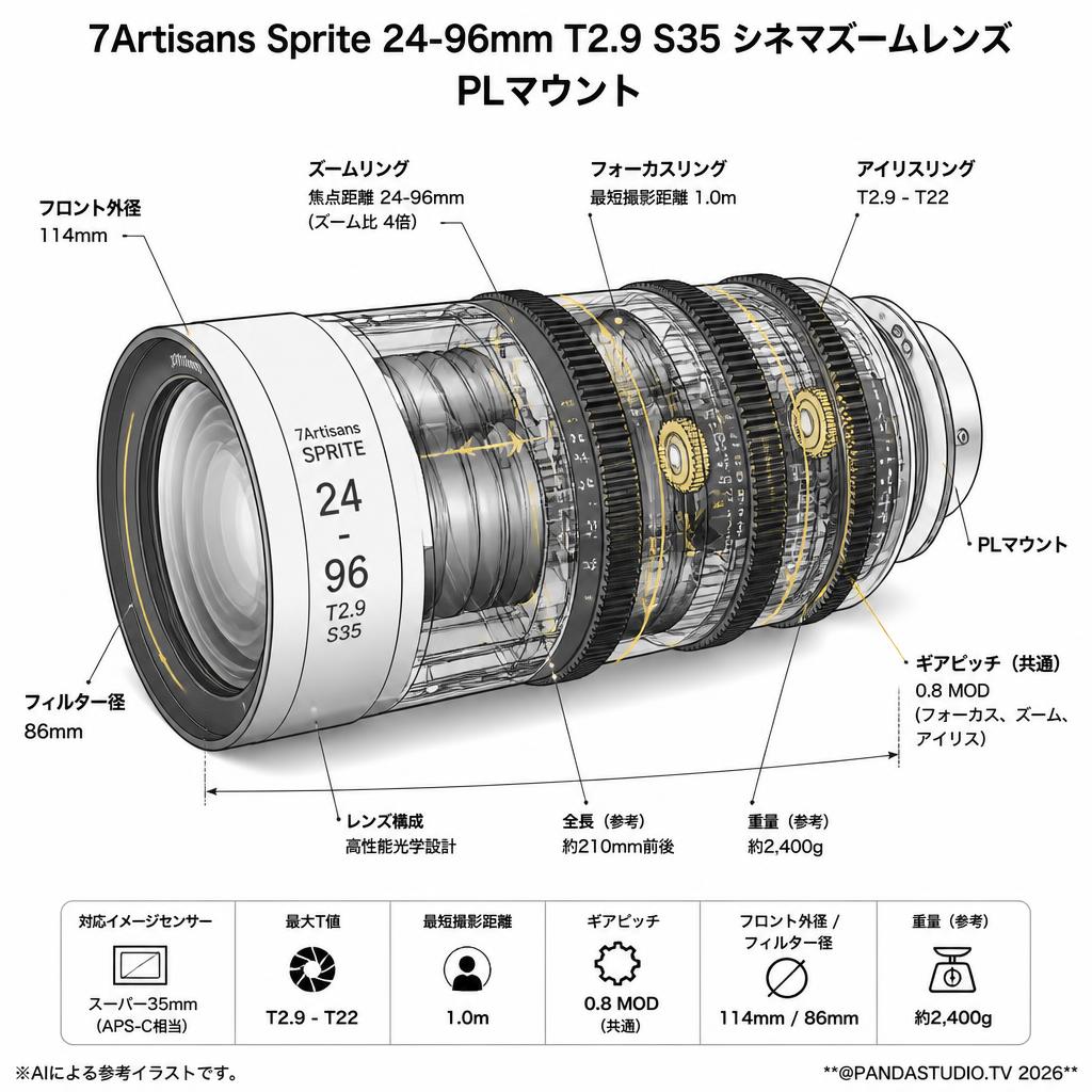 7Artisans Sprite 24-96mm T2.9 S35 シネマズームレンズ  PLマウント スペック