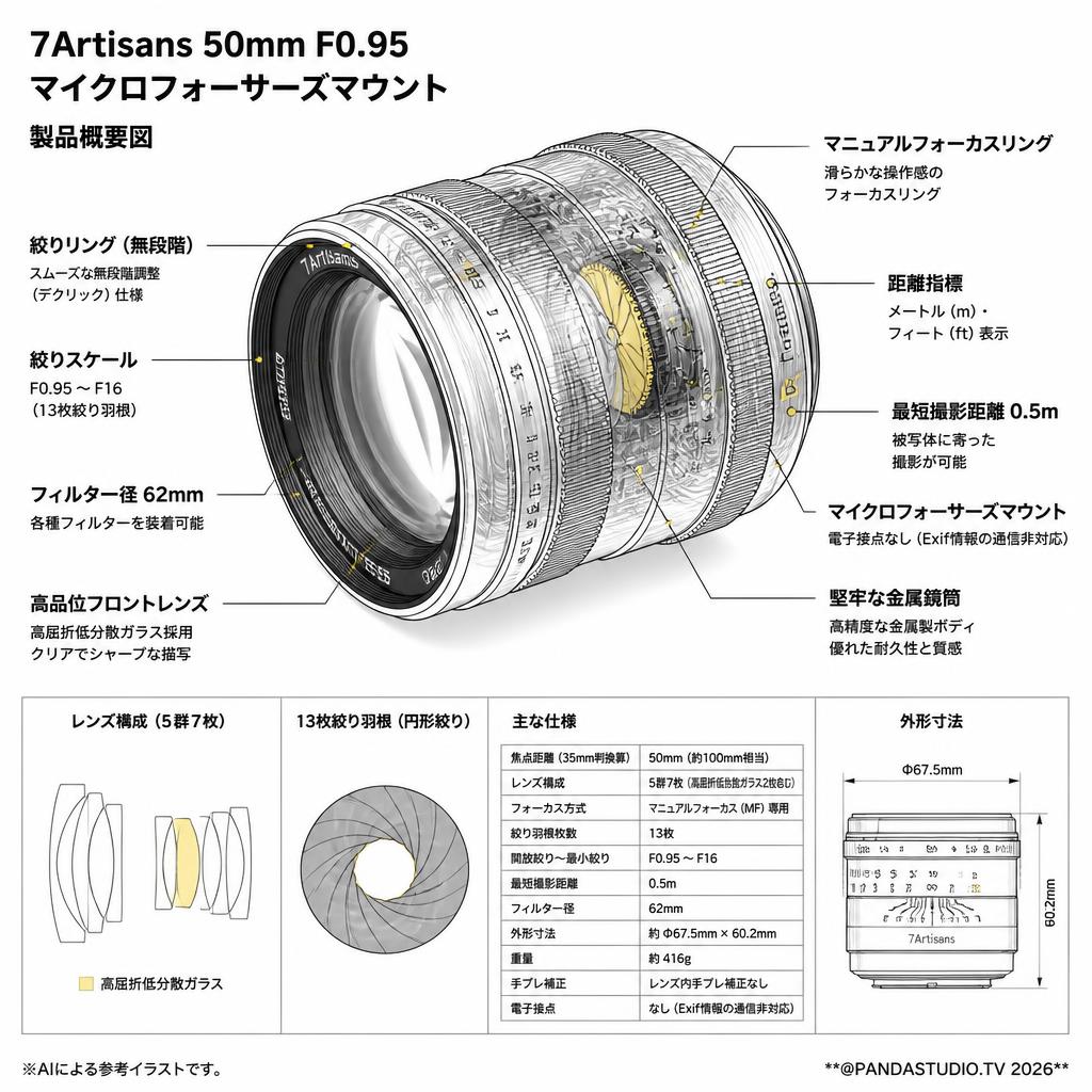 7Artisans 50mm F0.95 マイクロフォーサーズマウント スペック
