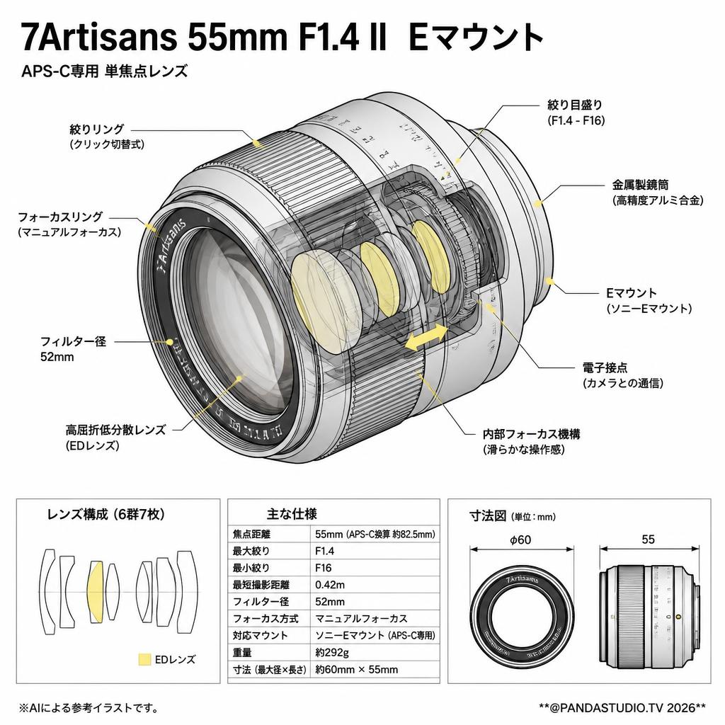 7Artisans 55mm F1.4 II  Eマウント スペック
