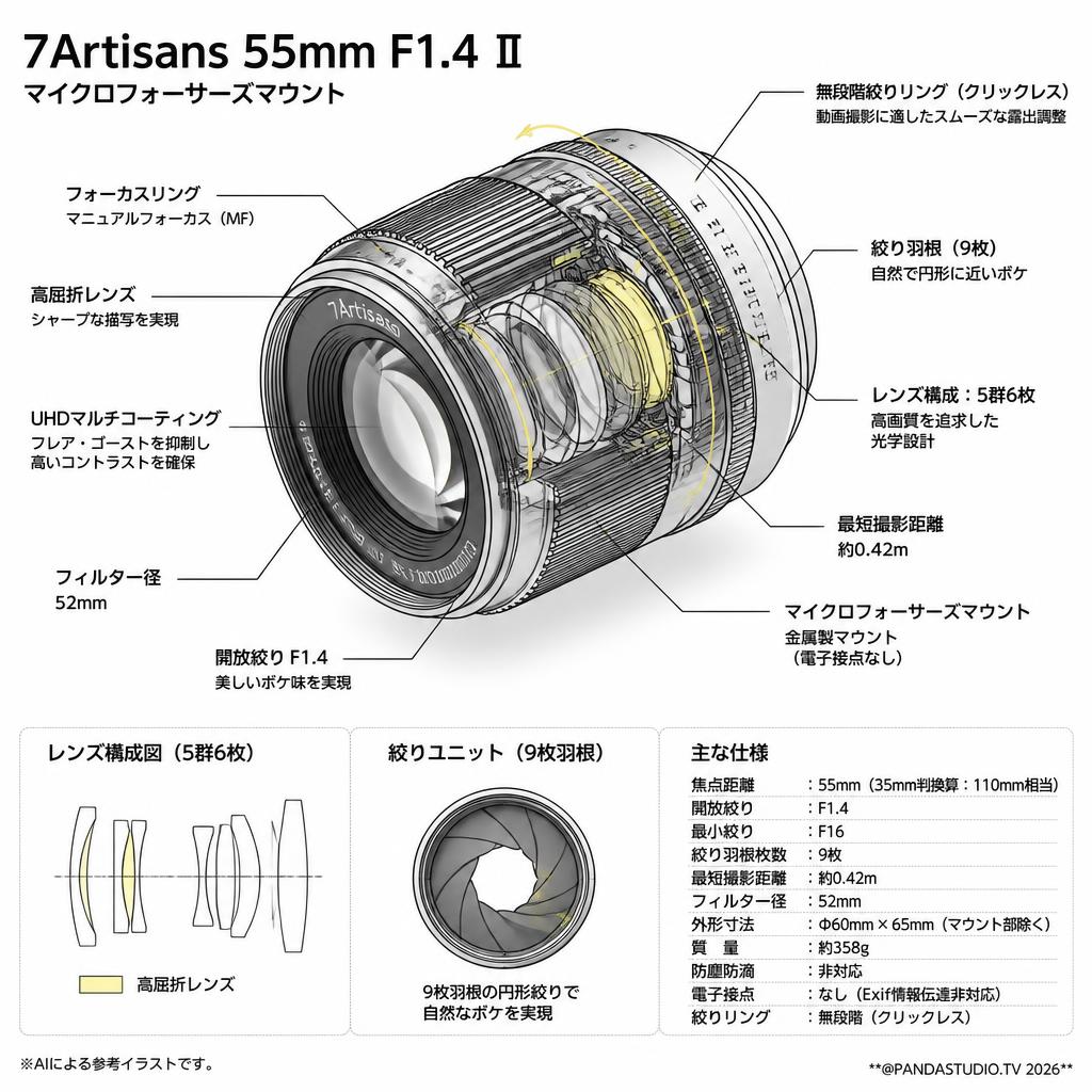 7Artisans 55mm F1.4 Ⅱ マイクロフォーサーズマウント スペック
