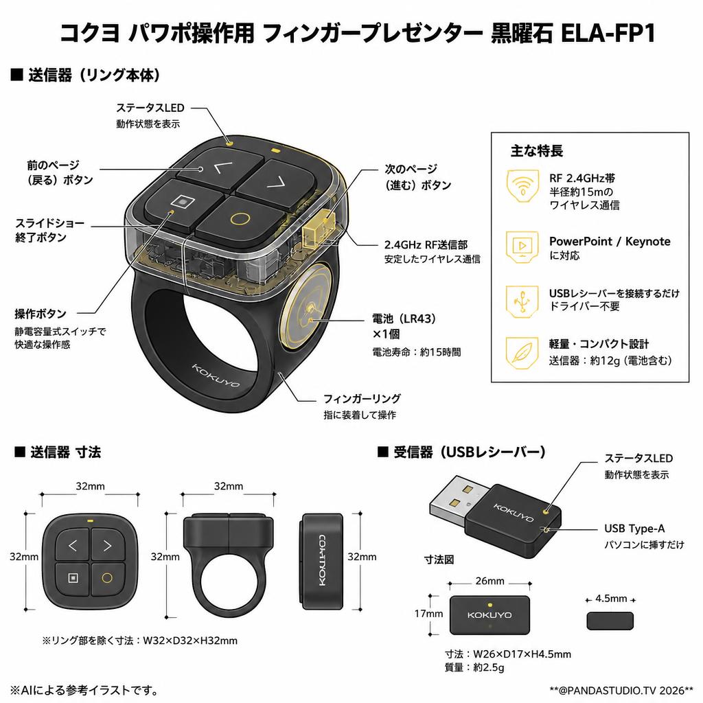 コクヨ パワポ操作用 フィンガープレゼンター 黒曜石 ELA-FP1 スペック