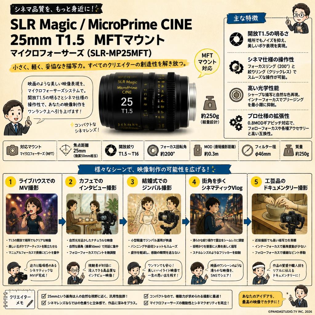 SLR Magic / MicroPrime CINE / 25mm T1.5 MFTマウント マイクロフォーサーズ ( SLR-MP25MFT ) 用途