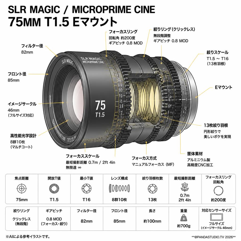 SLR Magic / MicroPrime CINE / 75mm T1.5 Eマウント スペック