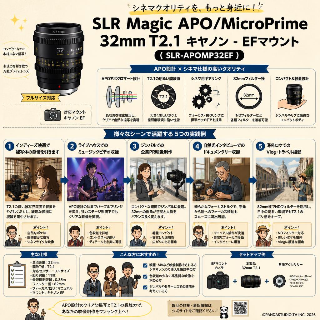 SLR Magic / APO/MicroPrime /32mm T2.1 キヤノン - EFマウント   ( SLR-APOMP32EF ) 用途