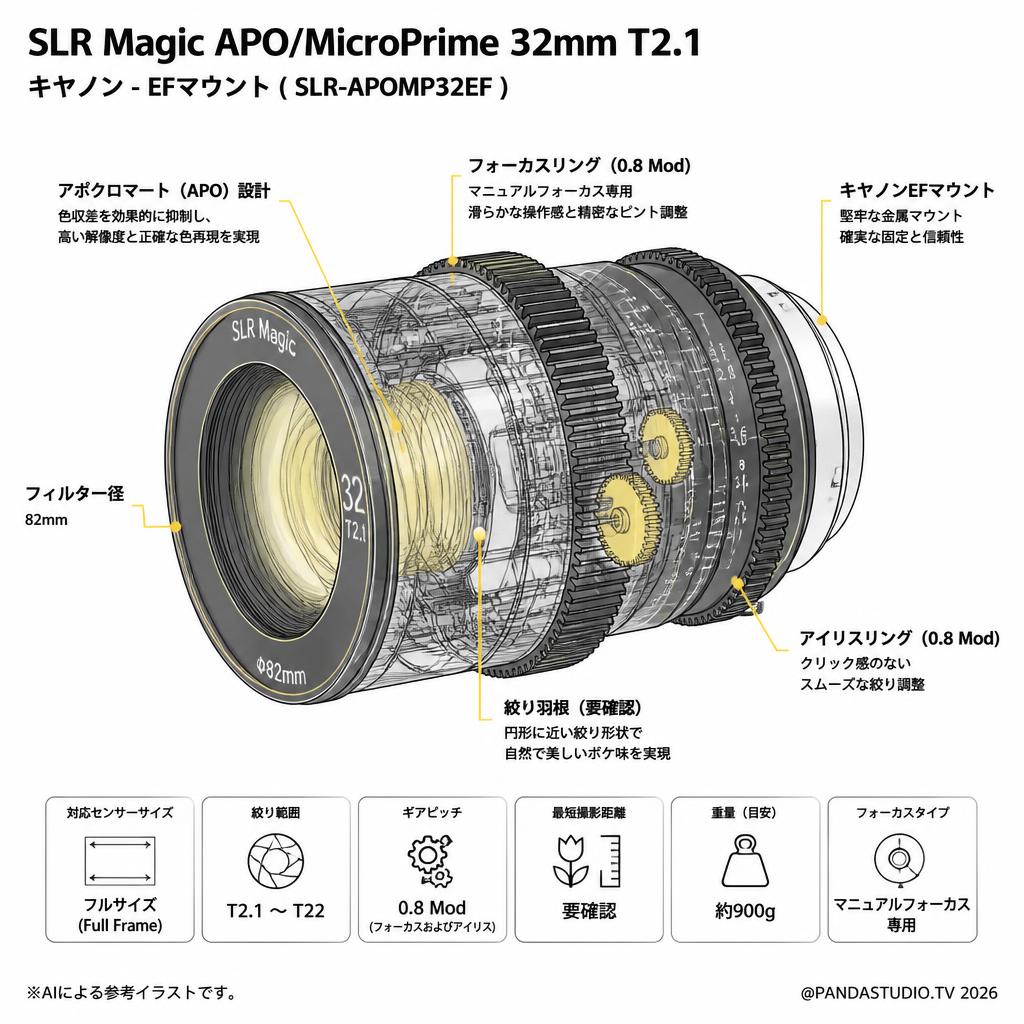 SLR Magic / APO/MicroPrime /32mm T2.1 キヤノン - EFマウント   ( SLR-APOMP32EF ) スペック