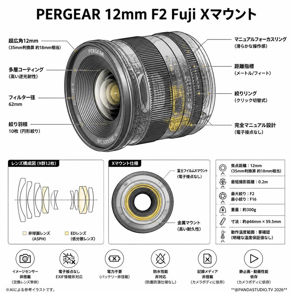 PERGEAR 12mm F2 Fuji Xマウント スペック