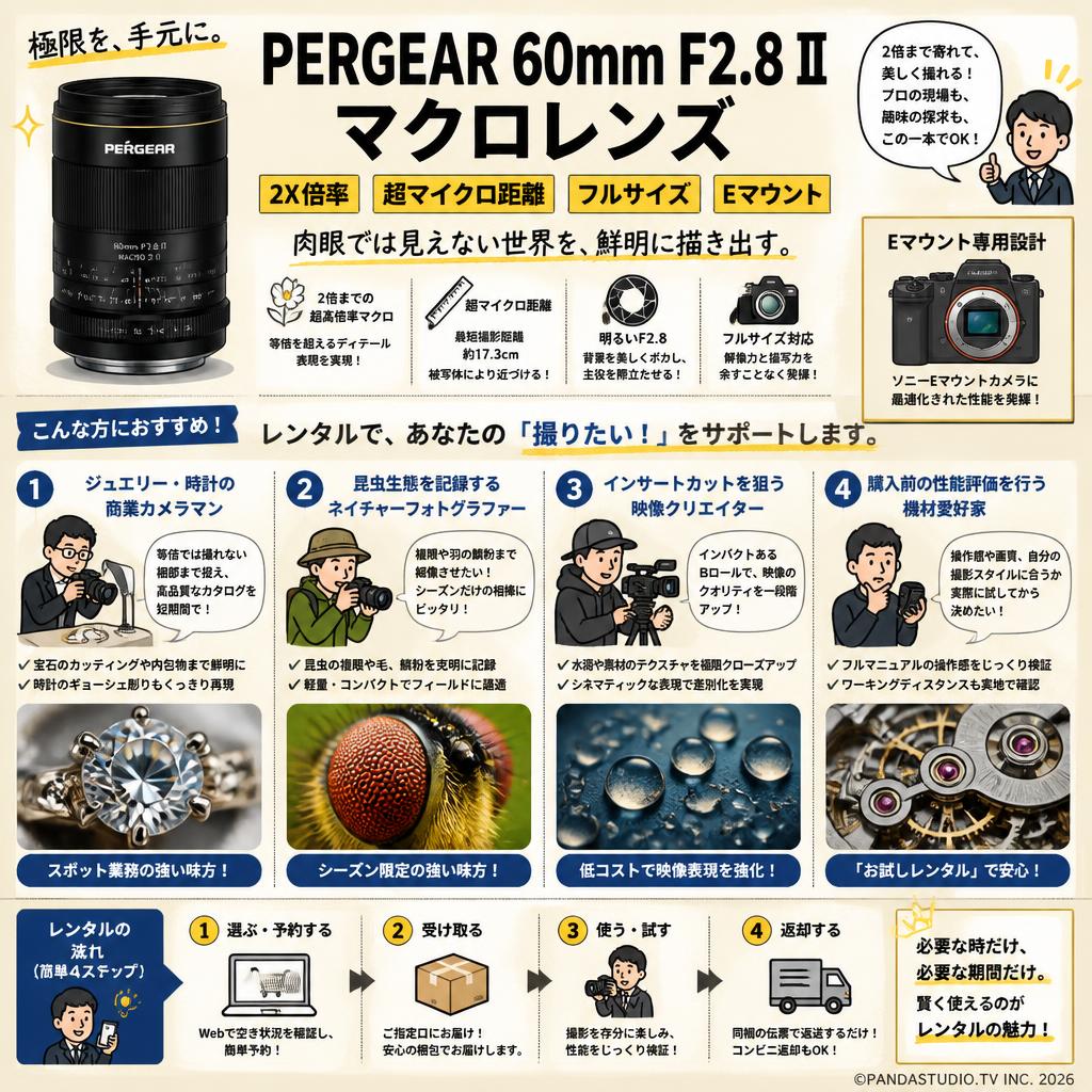 PERGEAR 60mm F2.8 II マクロレンズ 2X倍率 超マイクロ距離 フルサイズ   Eマウント おもな対象のお客様