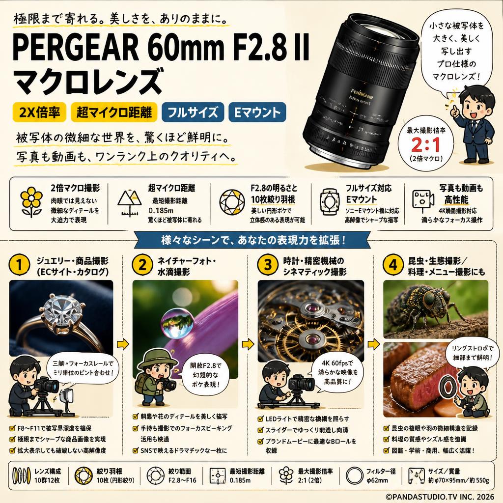 PERGEAR 60mm F2.8 II マクロレンズ 2X倍率 超マイクロ距離 フルサイズ   Eマウント 用途