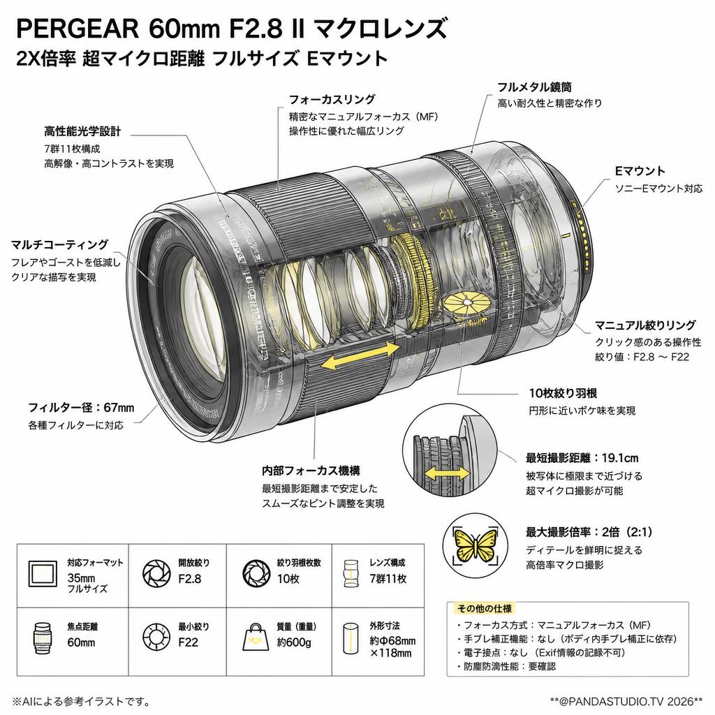PERGEAR 60mm F2.8 II マクロレンズ 2X倍率 超マイクロ距離 フルサイズ   Eマウント スペック