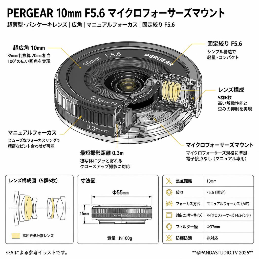 Pergear 10mm F5.6 マイクロフォーサーズマウント スペック
