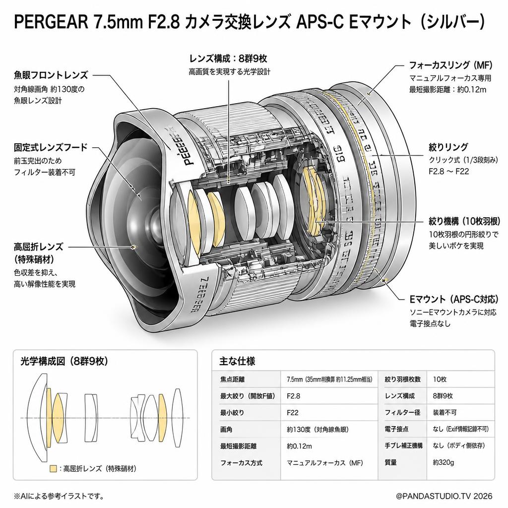 PERGEAR 7.5mm F2.8 カメラ交換レンズ APS-C Eマウント ( シルバー ) スペック