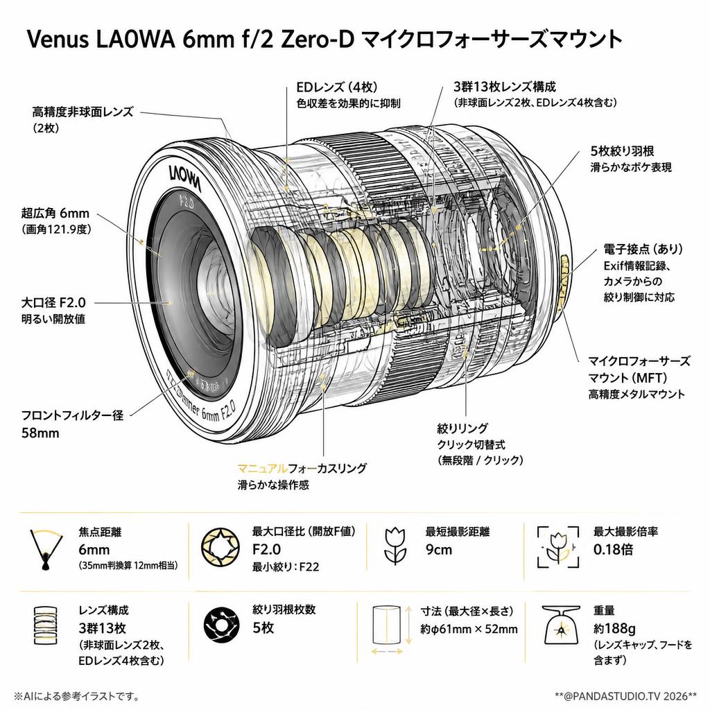 Venus LA0WA 6mm f/2 Zero-D マイクロフォーサーズマウント スペック