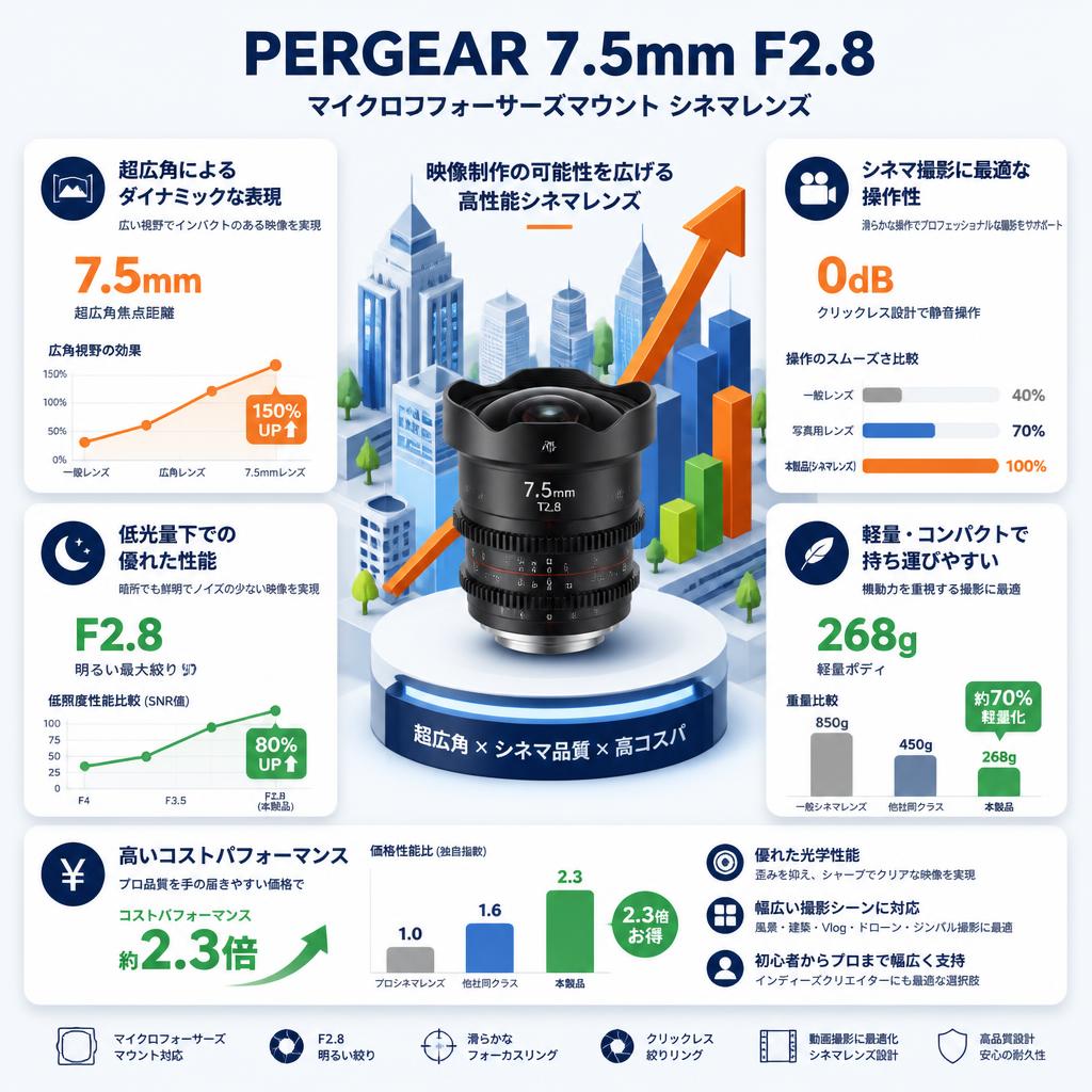 PERGEAR 7.5mm F2.8  マイクロフォーサーズマウント シネマレンズ セールスポイント