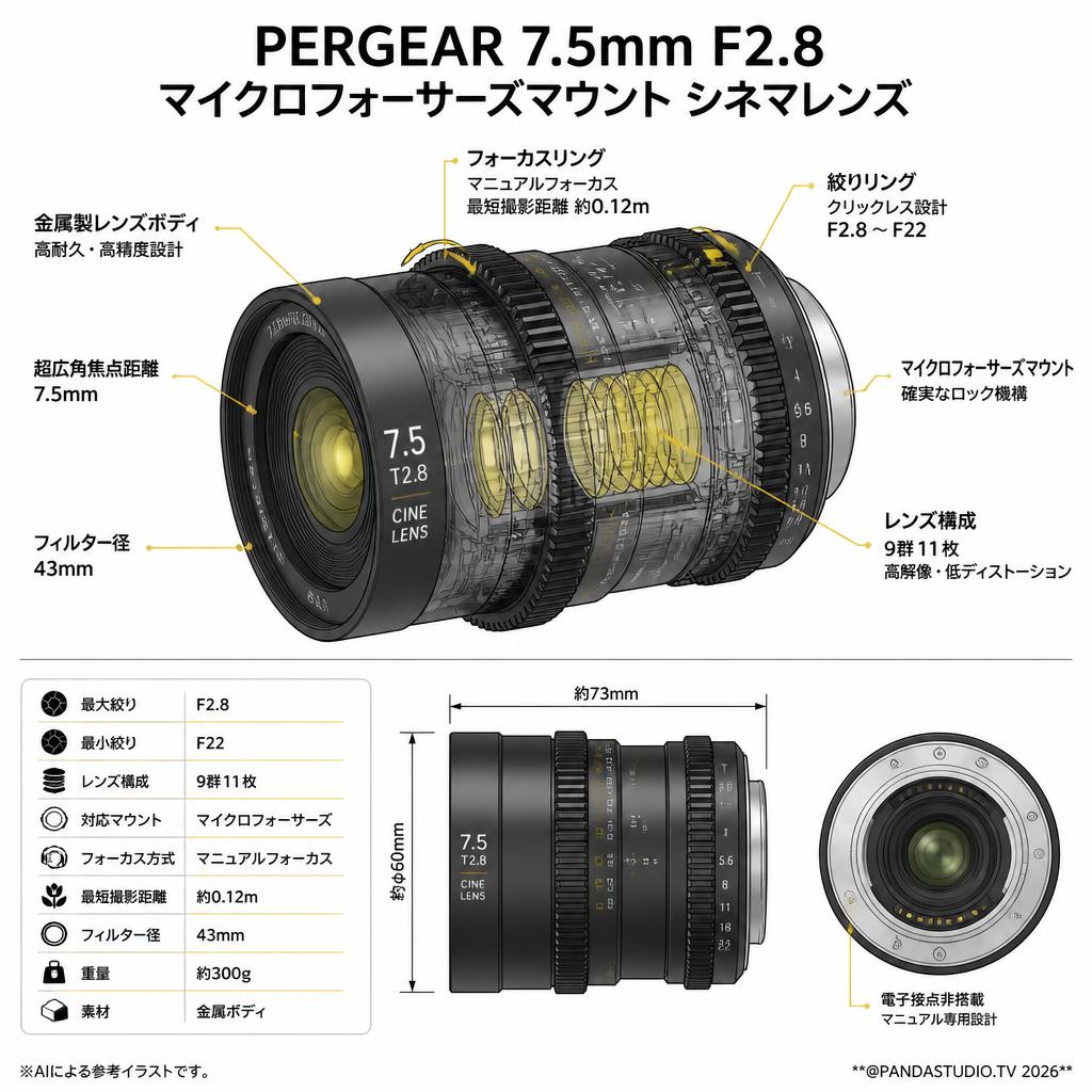 PERGEAR 7.5mm F2.8  マイクロフォーサーズマウント シネマレンズ スペック