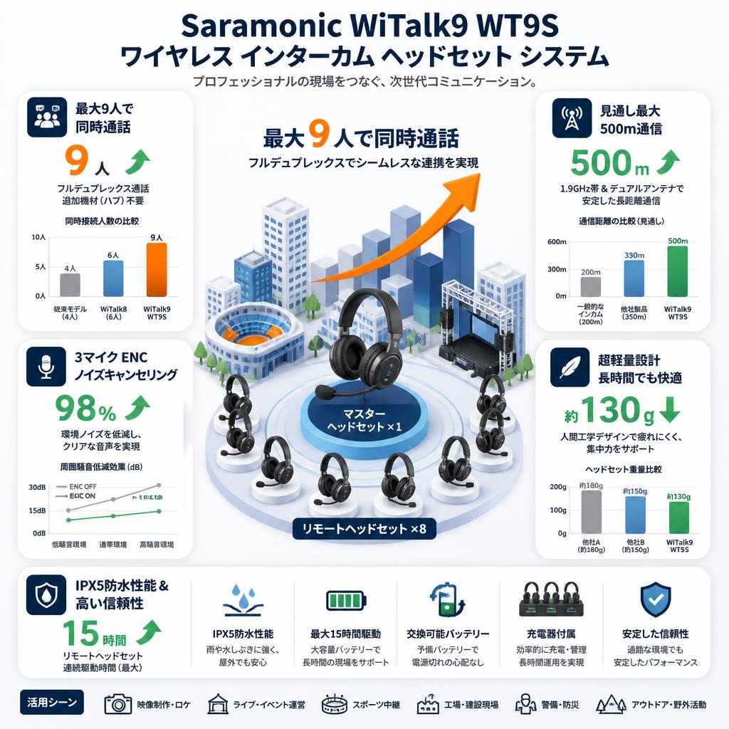 Saramonic WiTalk9 WT9S ワイヤレス インターカム ヘッドセット システム セールスポイント