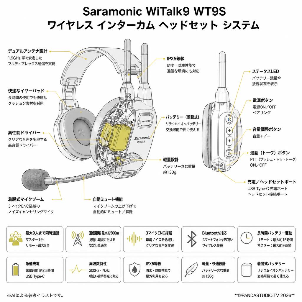 Saramonic WiTalk9 WT9S ワイヤレス インターカム ヘッドセット システム スペック