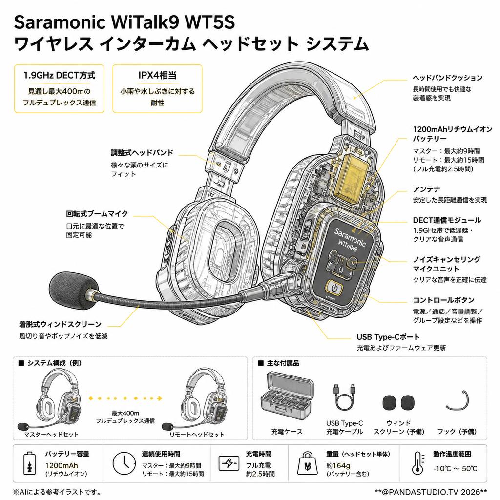 Saramonic WiTalk9 WT5S ワイヤレス インターカム ヘッドセット システム スペック