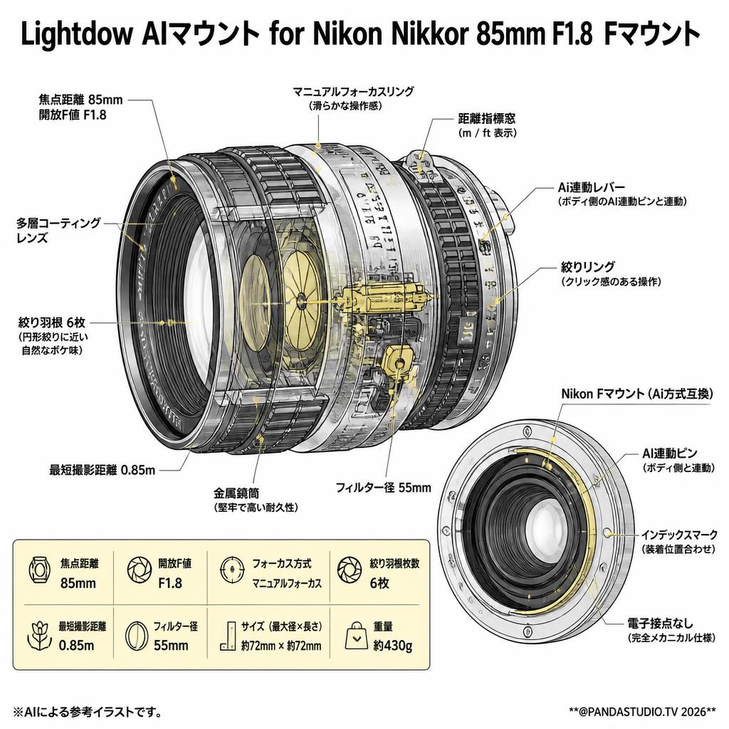Lightdow AIマウント for Nikon Nikkor 85mm F1.8  Fマウント スペック