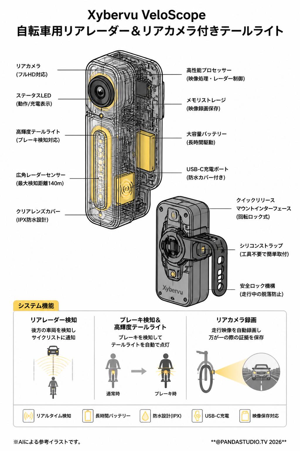 Xybervu VeloScope 自転車用リアレーダー＆リアカメラ付きテールライト スペック