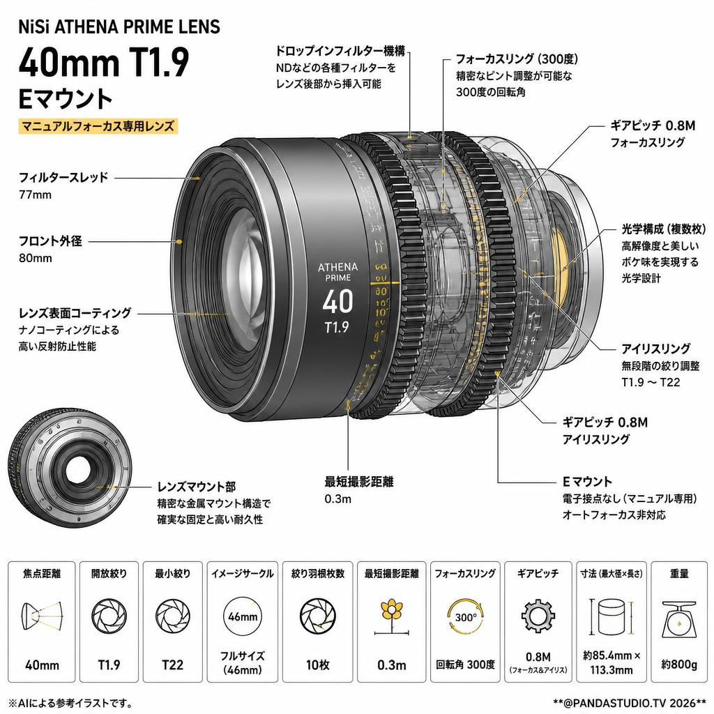 NiSi ATHENA PRIME LENS 40mm T1.9 Eマウント ( ath40t19-e ) スペック
