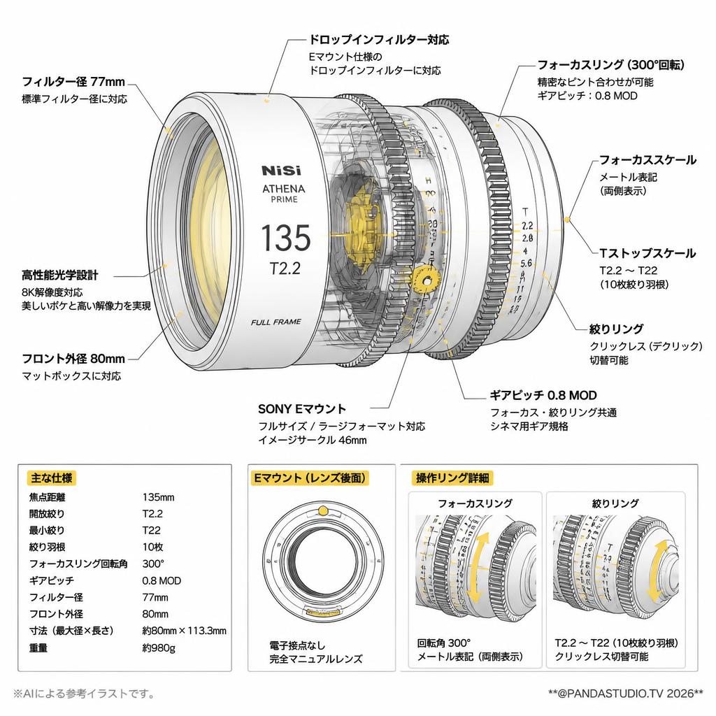 NiSi ATHENA PRIME LENS 135mm T2.2 Eマウント ( ath135t22-e ) スペック