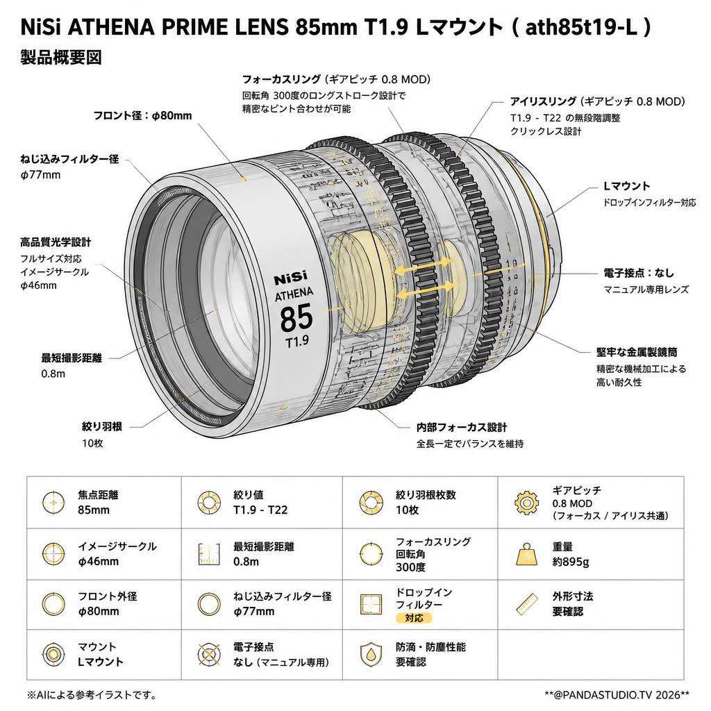 NiSi ATHENA PRIME LENS 85mm T1.9 Lマウント ( ath85t19-L ) スペック