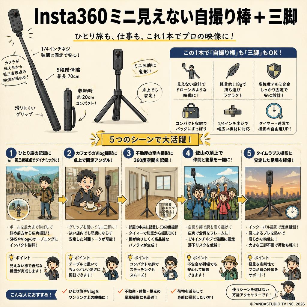 Insta360ミニ見えない自撮り棒＋三脚 用途