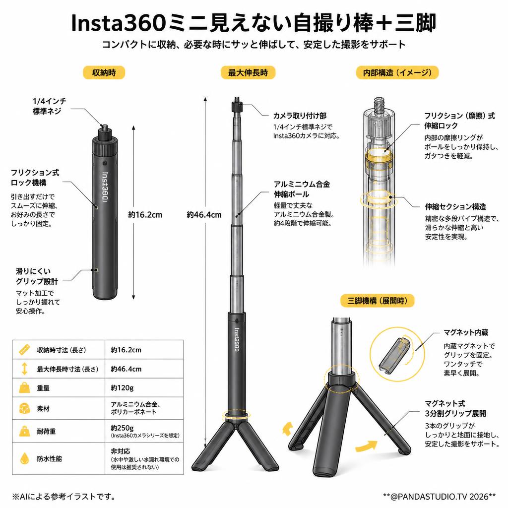 Insta360ミニ見えない自撮り棒＋三脚 スペック