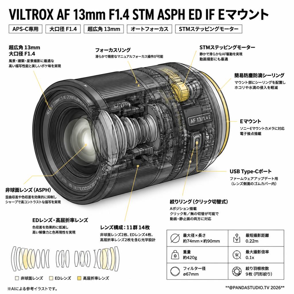VILTROX AF 13mm F1.4 STM ASPH ED IF Eマウント スペック
