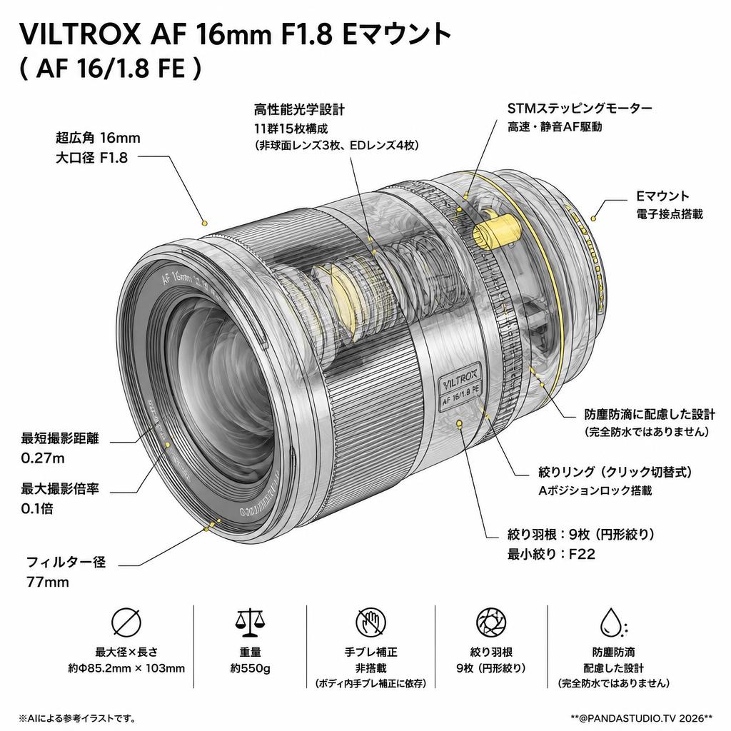 VILTROX AF 16mm F1.8  Eマウント ( AF 16/1.8 FE ) スペック