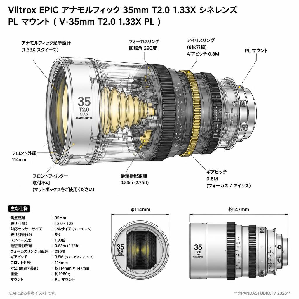 Viltrox EPIC アナモルフィック 35mm T2.0 1.33X シネレンズ PL マウント ( V-35mm T2.0 1.33X PL ) スペック