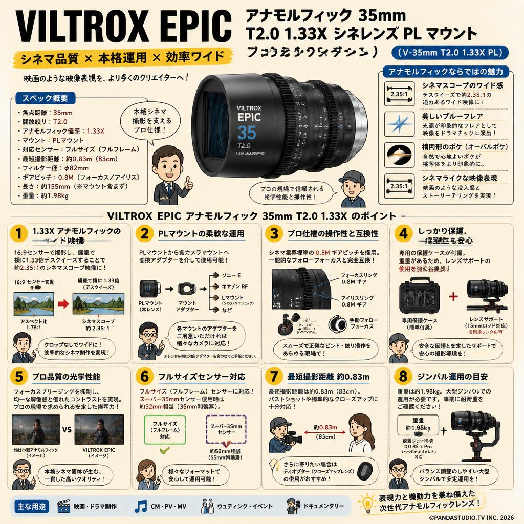 Viltrox EPIC アナモルフィック 35mm T2.0 1.33X シネレンズ PL マウント ( V-35mm T2.0 1.33X PL ) FAQ（よくある質問と答え）