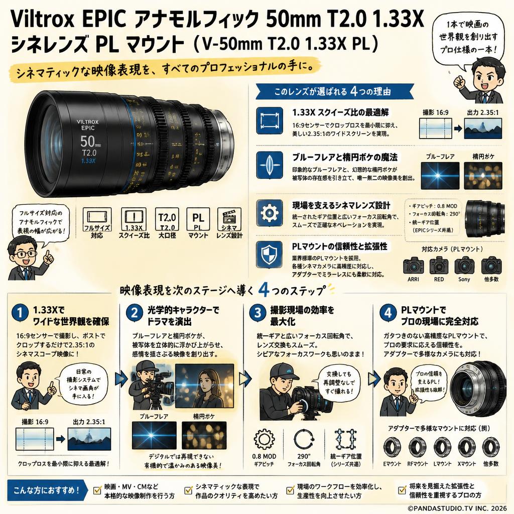 Viltrox EPIC アナモルフィック 50mm T2.0 1.33X シネレンズ PL マウント ( V-50mm T2.0 1.33X PL ) 概要