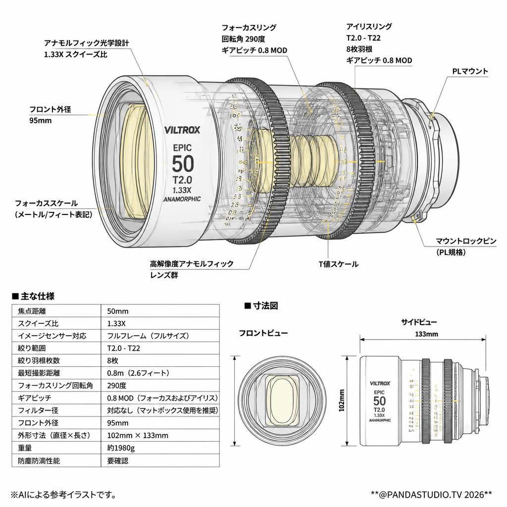 Viltrox EPIC アナモルフィック 50mm T2.0 1.33X シネレンズ PL マウント ( V-50mm T2.0 1.33X PL ) スペック
