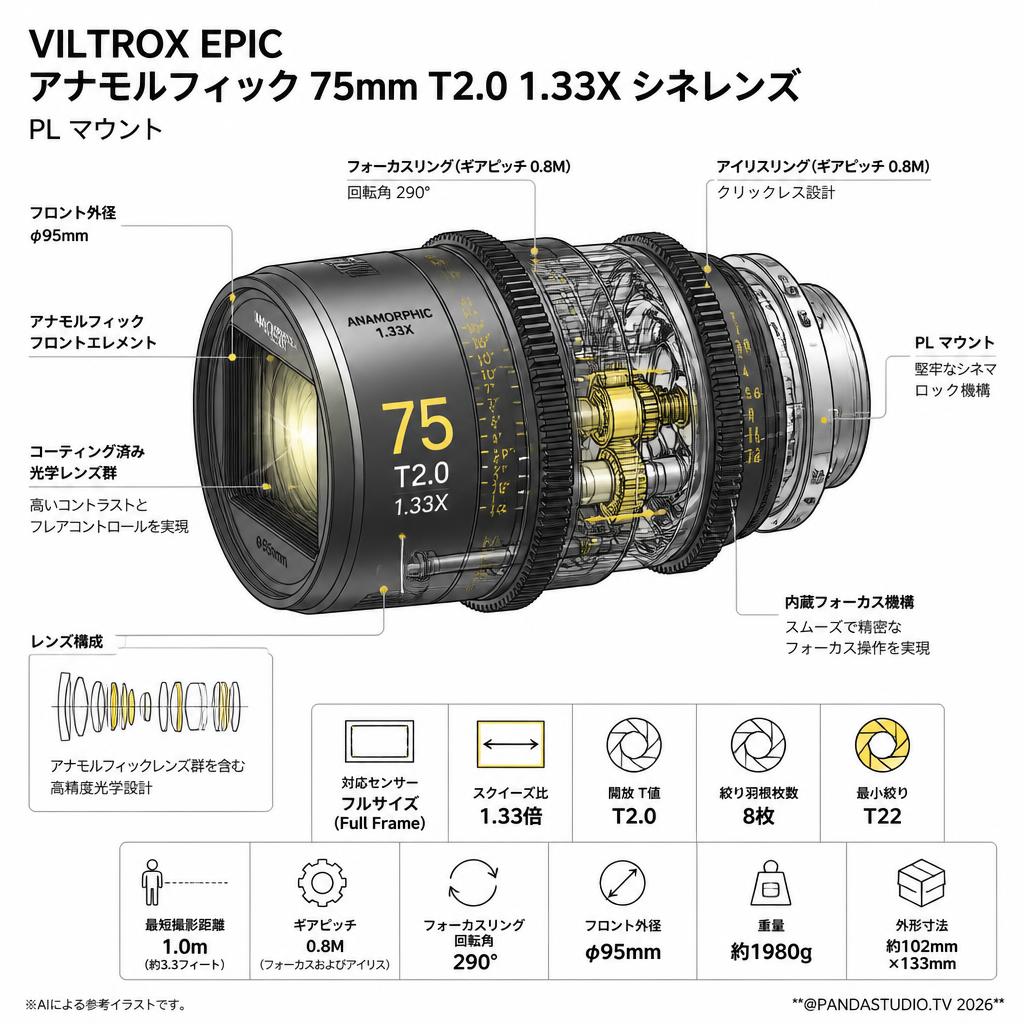 Viltrox EPIC アナモルフィック 75mm T2.0 1.33X シネレンズ PL マウント ( V-75mm T2.0 1.33X PL ) スペック