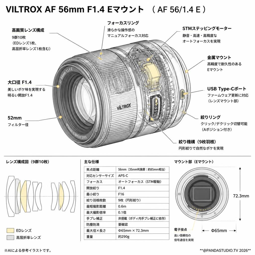 VILTROX AF 56mm F1.4 Eマウント ( AF 56/1.4 E ) スペック