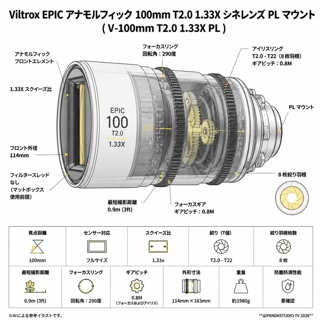 Viltrox EPIC アナモルフィック 100mm T2.0 1.33X シネレンズ PL マウント ( V-100mm T2.0 1.33X PL ) スペック