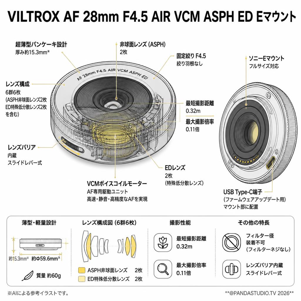 VILTROX AF 28mm F4.5 AIR VCM ASPH ED Eマウント スペック
