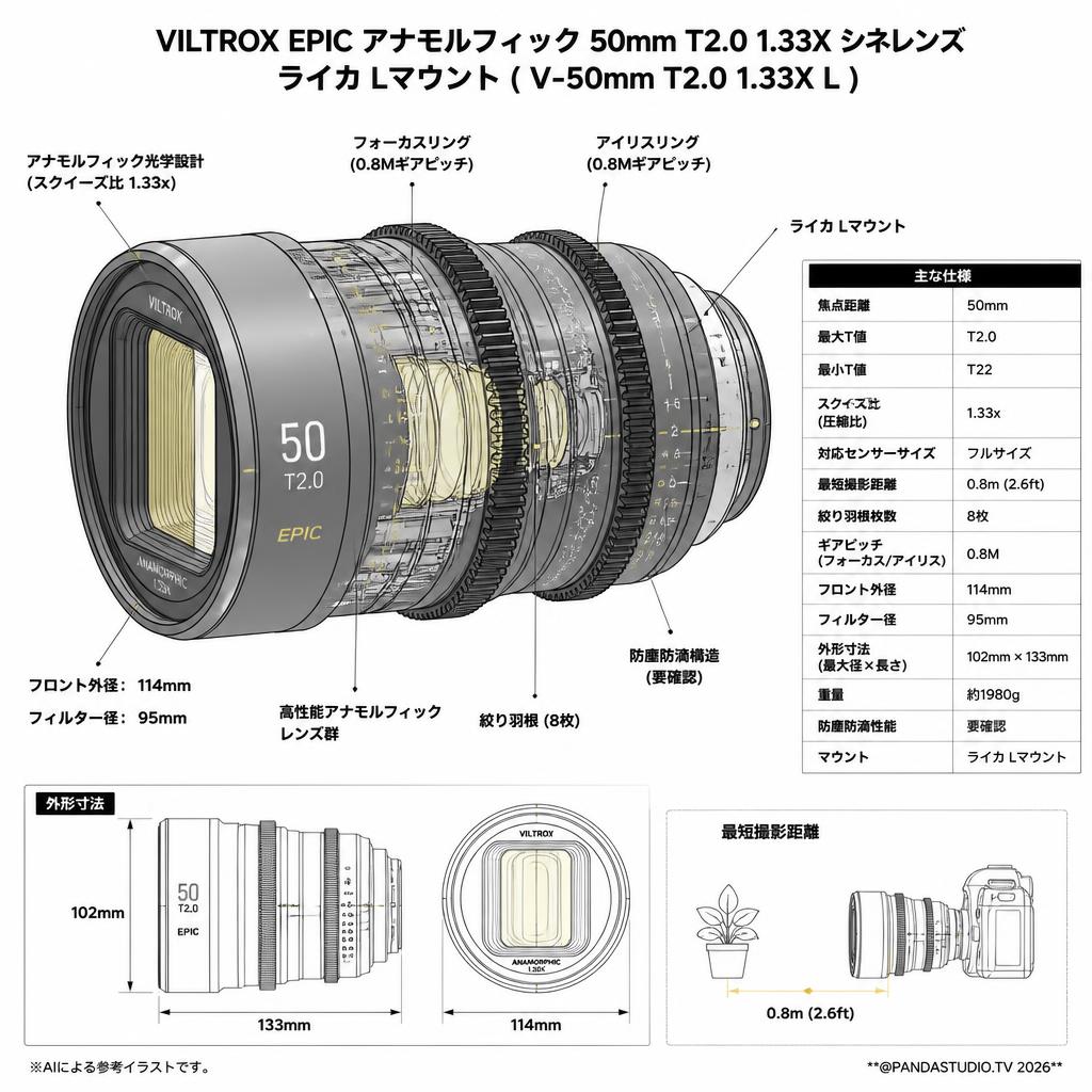 Viltrox EPIC アナモルフィック 50mm T2.0 1.33X シネレンズ ライカ Lマウント ( V-50mm T2.0 1.33X L ) スペック