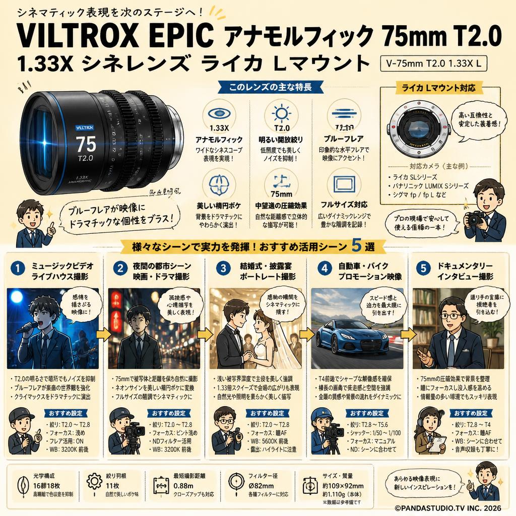 Viltrox EPIC アナモルフィック 75mm T2.0 1.33X シネレンズ ライカ Lマウント ( V-75mm T2.0 1.33X L ) 用途