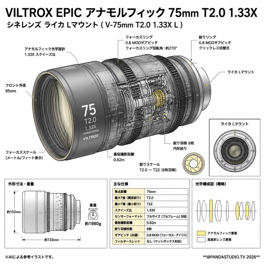 Viltrox EPIC アナモルフィック 75mm T2.0 1.33X シネレンズ ライカ Lマウント ( V-75mm T2.0 1.33X L ) スペック