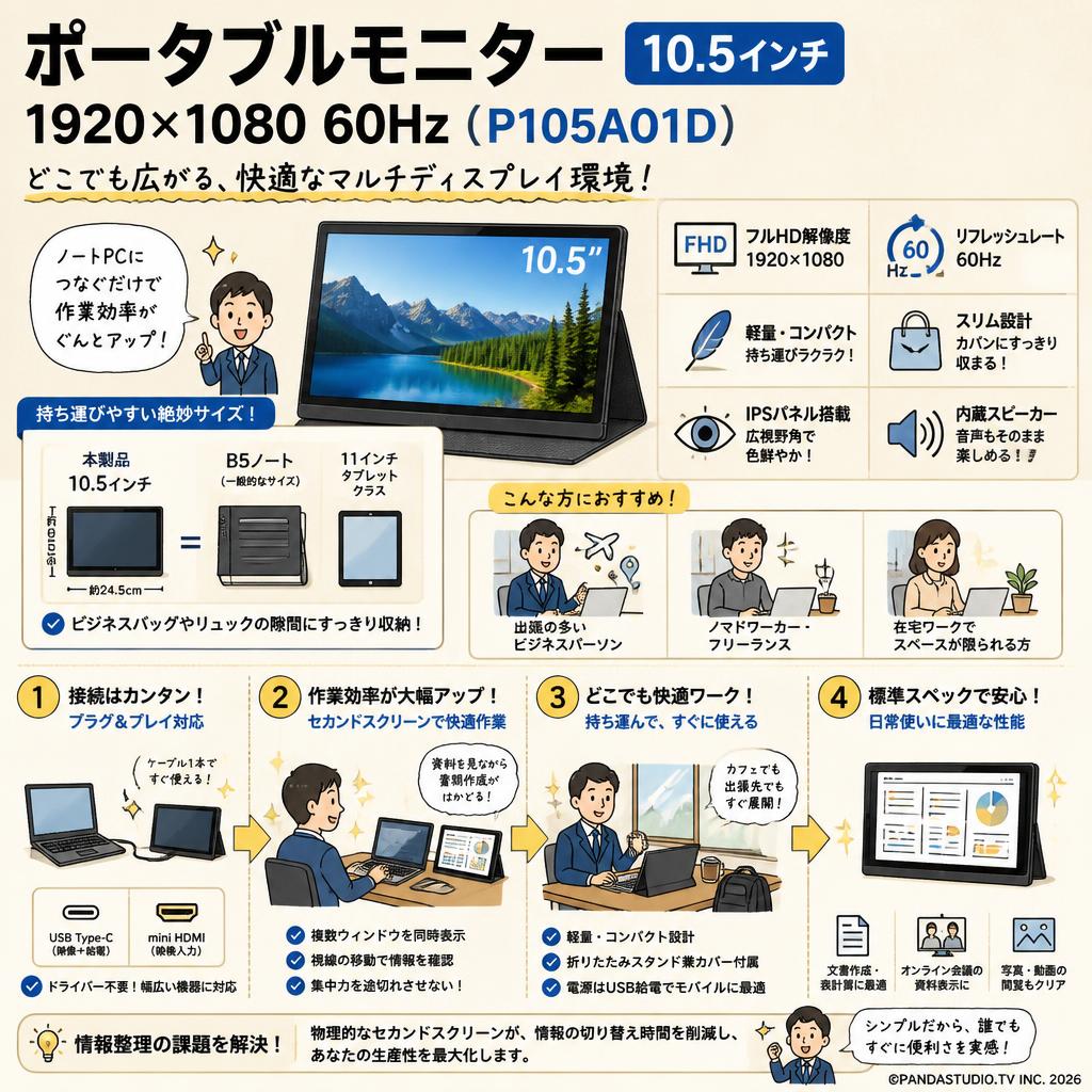 ポータブルモニター 10.5インチ 1920*1080 60Hz ( P105A01D ) 概要