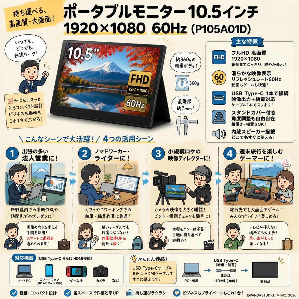 ポータブルモニター 10.5インチ 1920*1080 60Hz ( P105A01D ) おもな対象のお客様