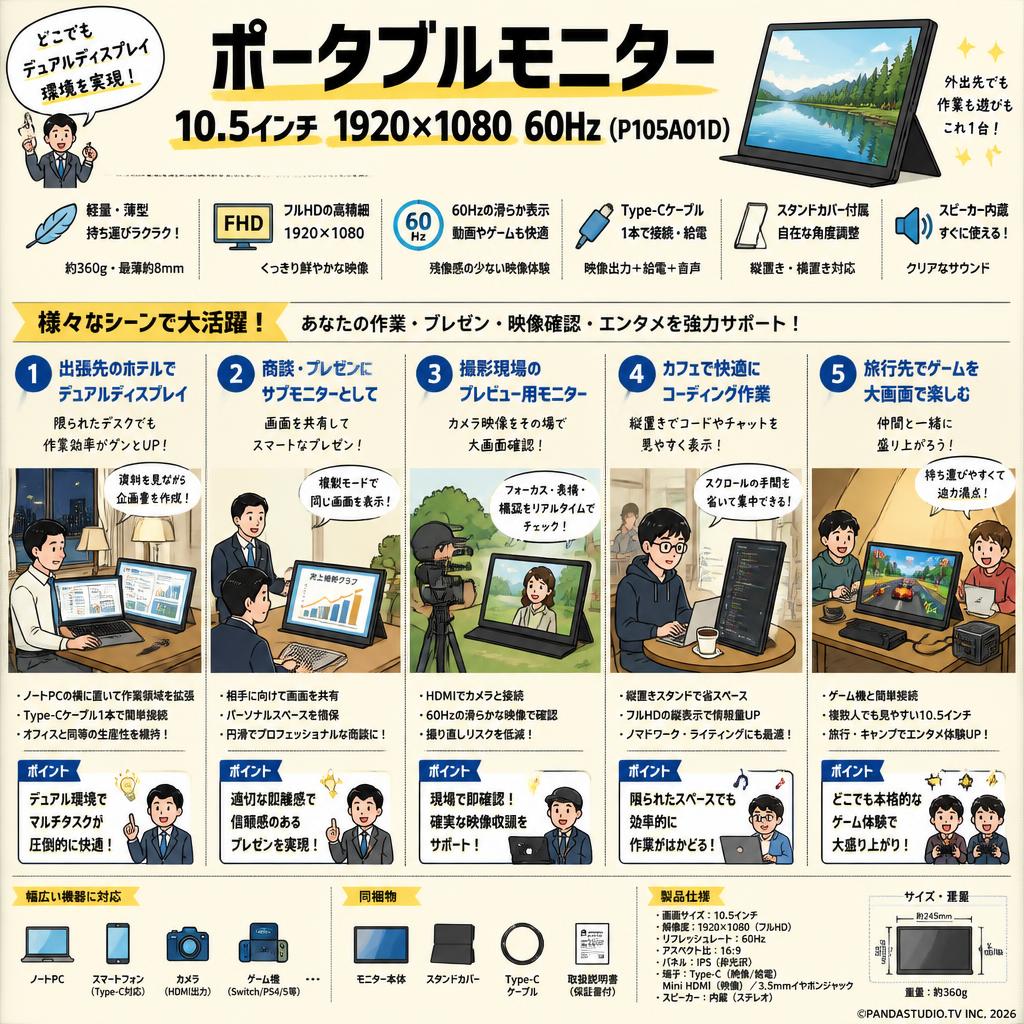 ポータブルモニター 10.5インチ 1920*1080 60Hz ( P105A01D ) 用途
